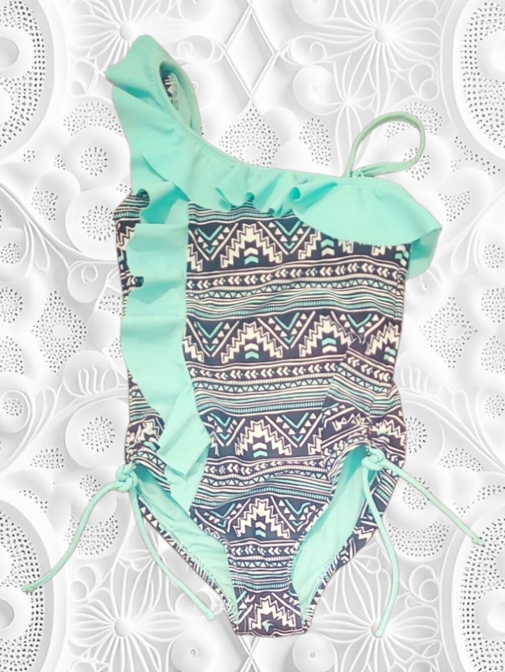 Justice Girl's Geometric Aztec Patterned Mint/Teal Ruffle One-piece Swimsuit